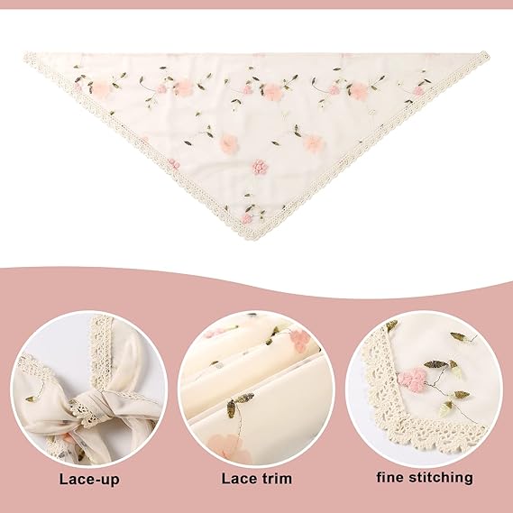 2 - Piece Lace Trim Embroidered Flower Headscarves: Romantic Fairy Style, Create Diverse Sweet Looks