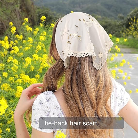 2 - Piece Lace Trim Embroidered Flower Headscarves: Romantic Fairy Style, Create Diverse Sweet Looks