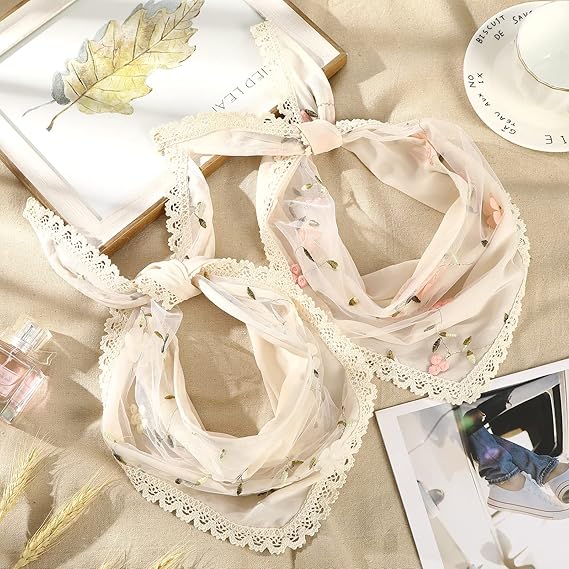 2 - Piece Lace Trim Embroidered Flower Headscarves: Romantic Fairy Style, Create Diverse Sweet Looks