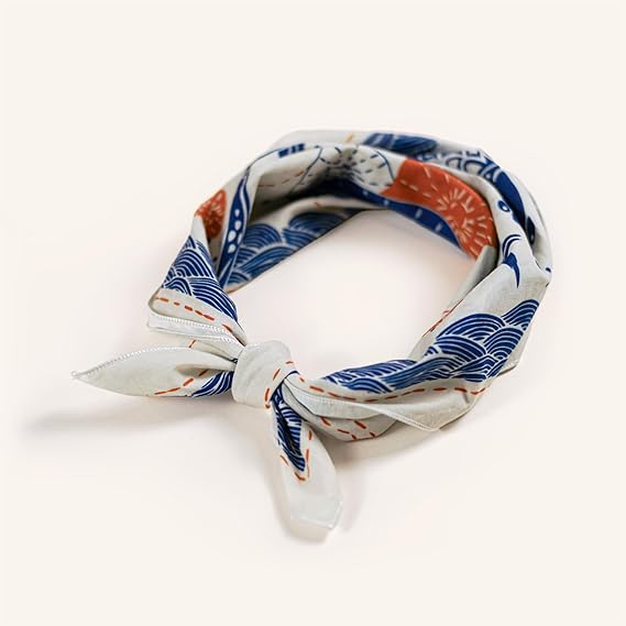 Koi Fish and Wave Printed Pure Cotton Square Scarf: 22 - Inch Size, Create a Fresh Ocean - style Look