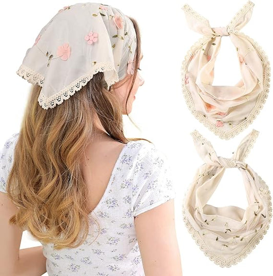 2 - Piece Lace Trim Embroidered Flower Headscarves: Romantic Fairy Style, Create Diverse Sweet Looks