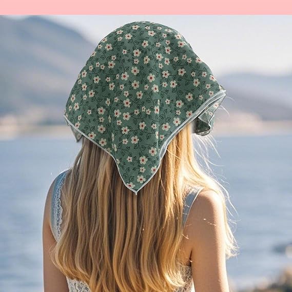 Small Floral Green Square Scarf: 21 - Inch Size, Create a Fresh and Artistic Look