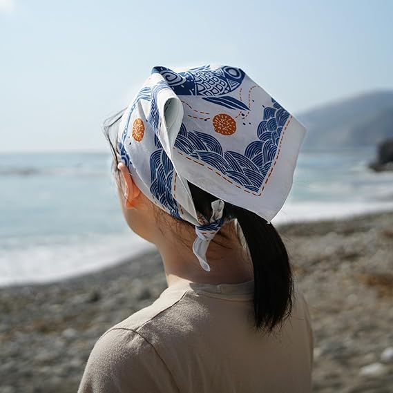Koi Fish and Wave Printed Pure Cotton Square Scarf: 22 - Inch Size, Create a Fresh Ocean - style Look