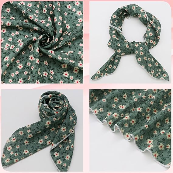 Small Floral Green Square Scarf: 21 - Inch Size, Create a Fresh and Artistic Look
