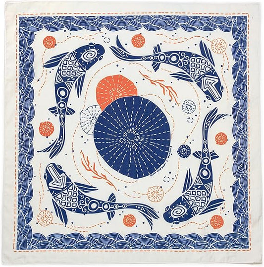 Koi Fish and Wave Printed Pure Cotton Square Scarf: 22 - Inch Size, Create a Fresh Ocean - style Look