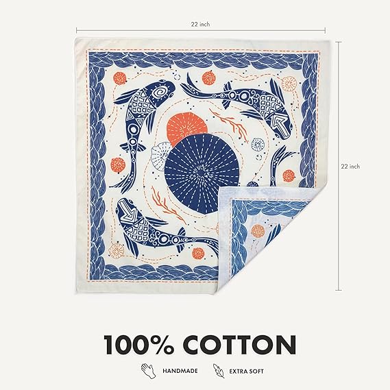 Koi Fish and Wave Printed Pure Cotton Square Scarf: 22 - Inch Size, Create a Fresh Ocean - style Look