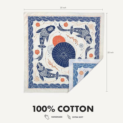 Koi Fish and Wave Printed Pure Cotton Square Scarf: 22 - Inch Size, Create a Fresh Ocean - style Look