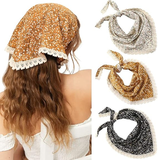 3 - Piece Lace - Trimmed Chiffon Floral Headscarves: Soft and Skin - Friendly, Unlock Sweet and Romantic Styles