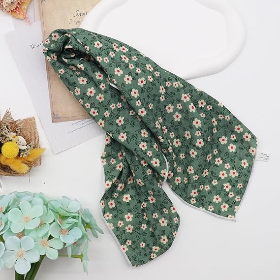 Small Floral Green Square Scarf: 21 - Inch Size, Create a Fresh and Artistic Look