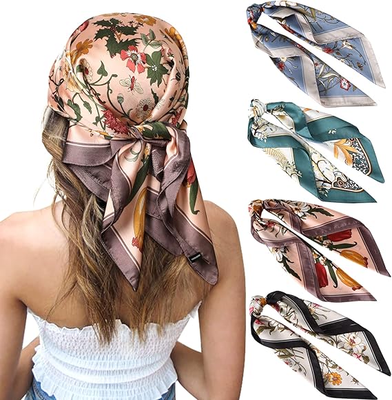 4 - Piece Floral Pattern Square Silk Scarves: Artistic Prints, 70cm Large Size, Unlock Diverse Elegant Styles