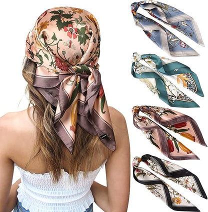 4 - Piece Floral Pattern Square Silk Scarves: Artistic Prints, 70cm Large Size, Unlock Diverse Elegant Styles